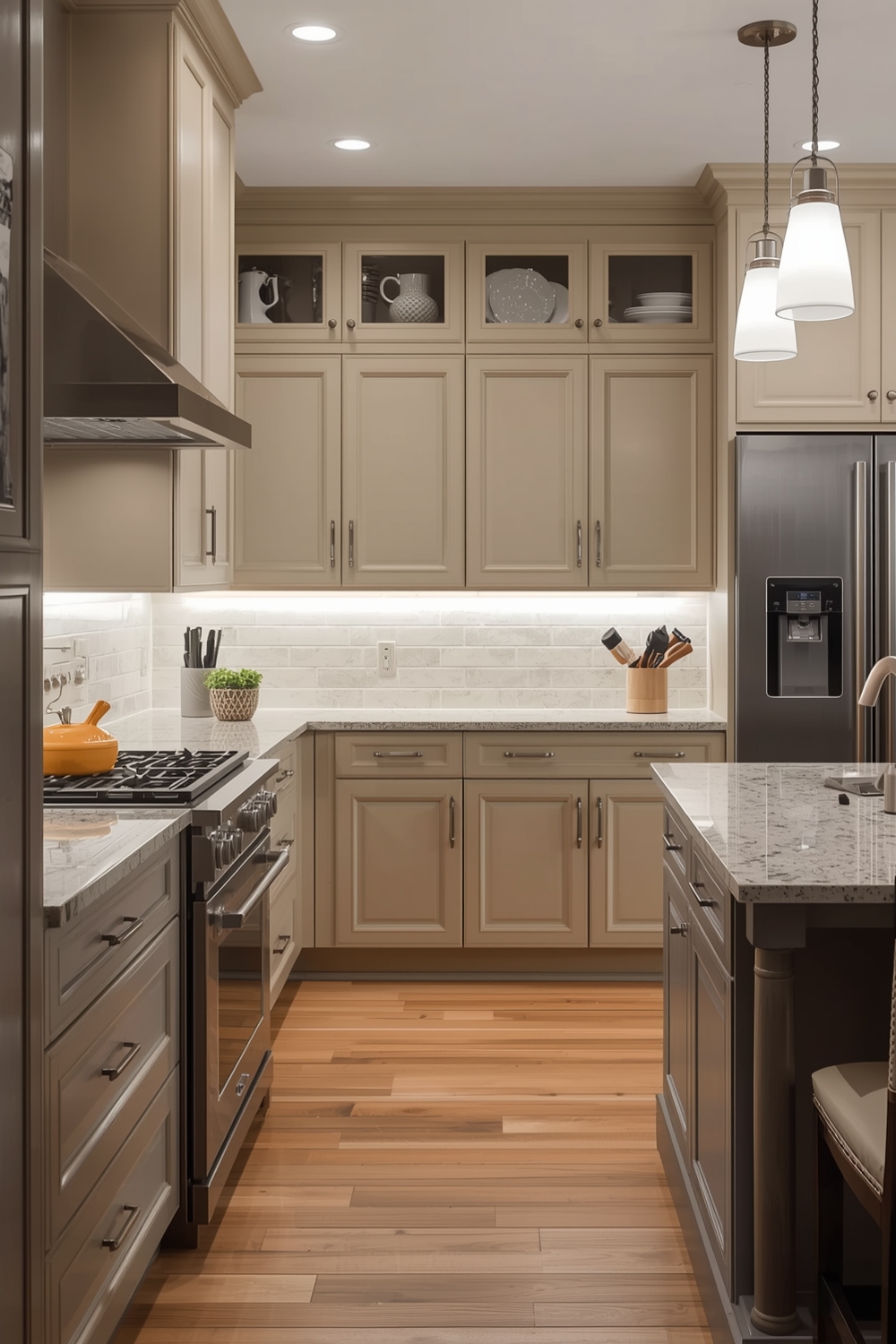 Beige Kitchen Cabinets with Lighting Ideas