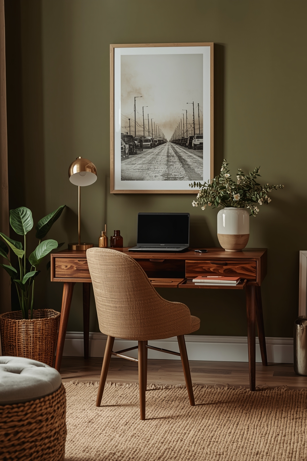 Cozy Olive Green Living Room Workspace