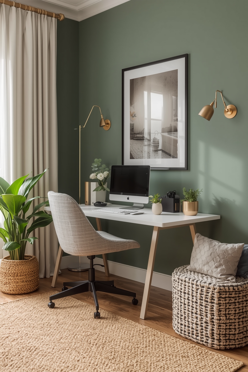 Cozy Sage Green Living Room Workspace
