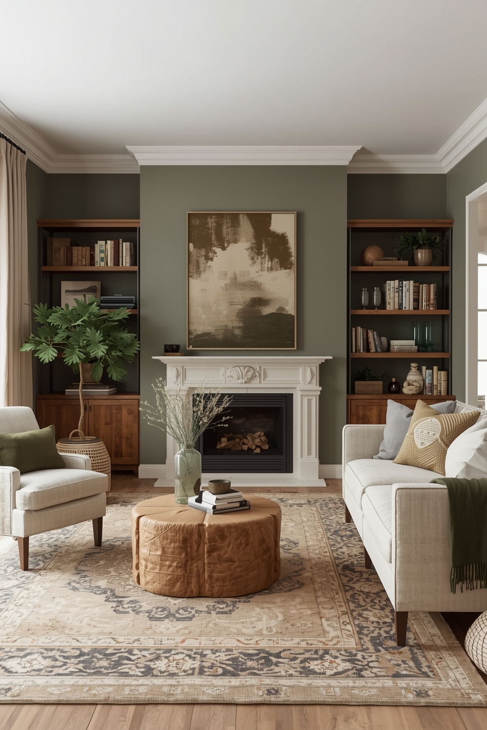 Open Concept Olive Green Living Room Designs