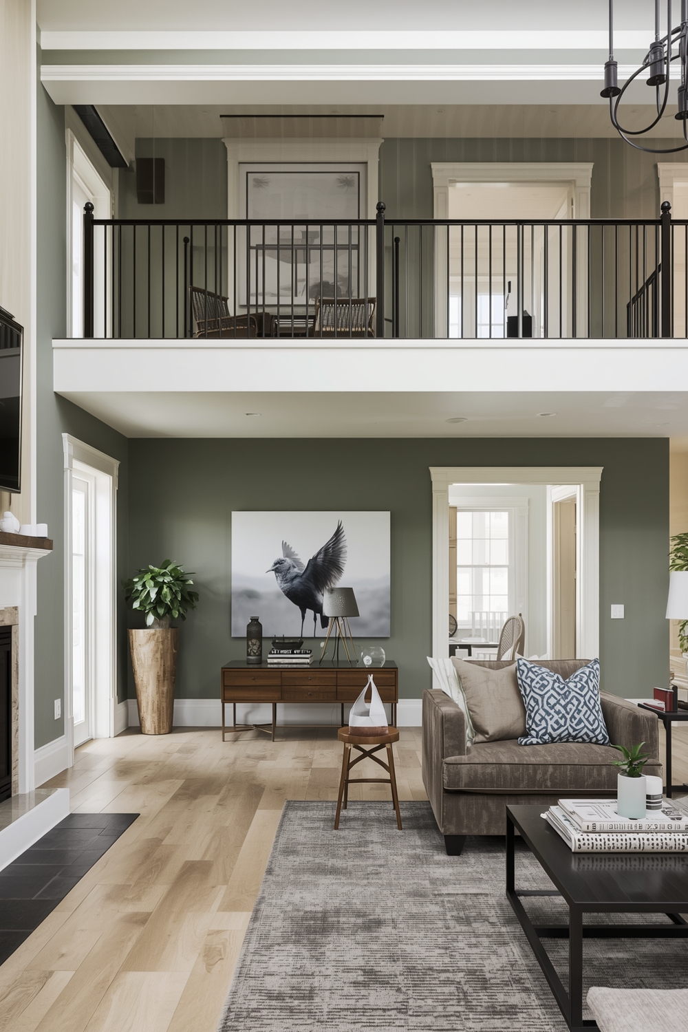 Open Concept Sage Green Living Room Layouts