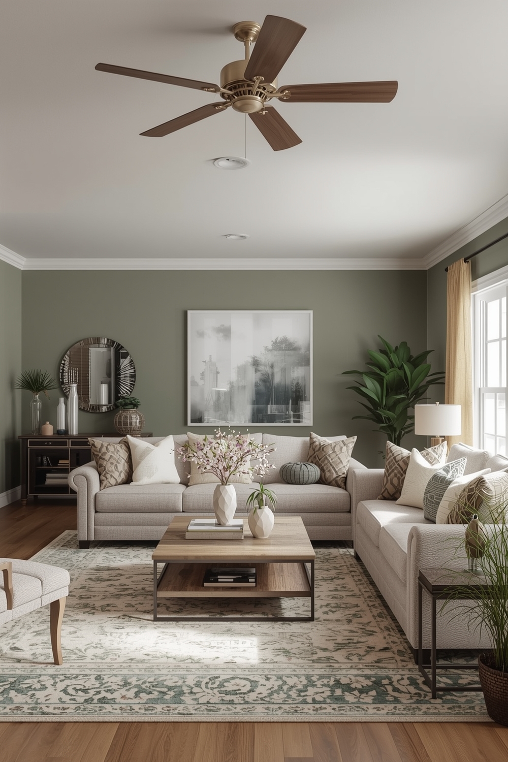 Open Concept Sage Green Living Room Layouts