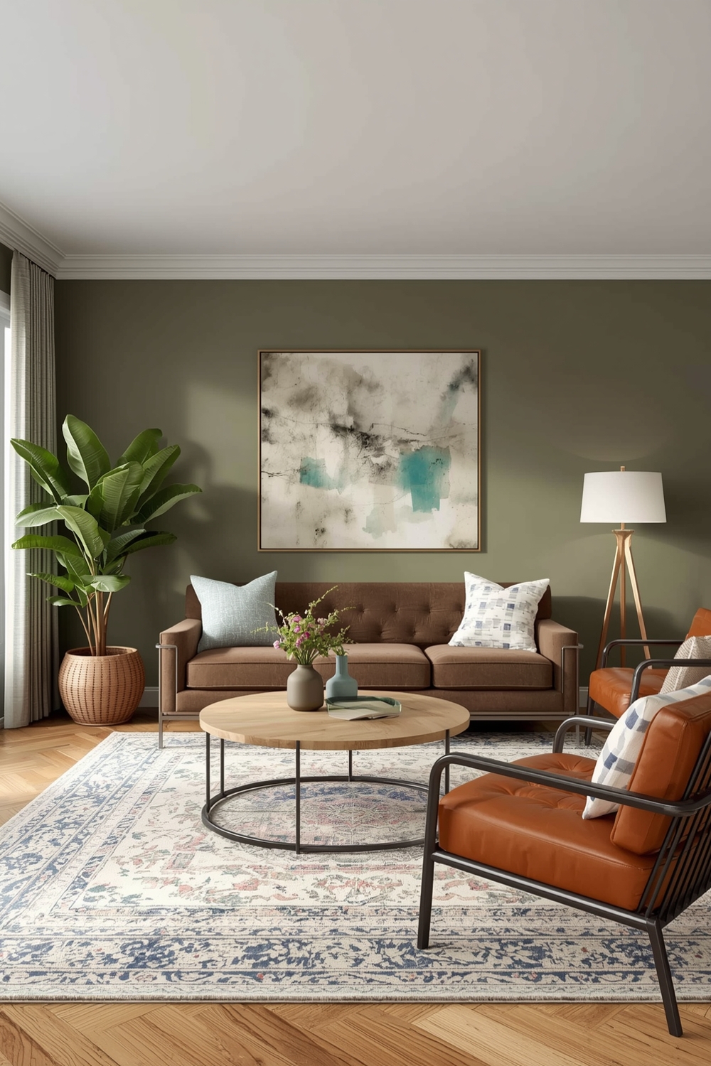 Open Concept Sage Green Living Room Layouts