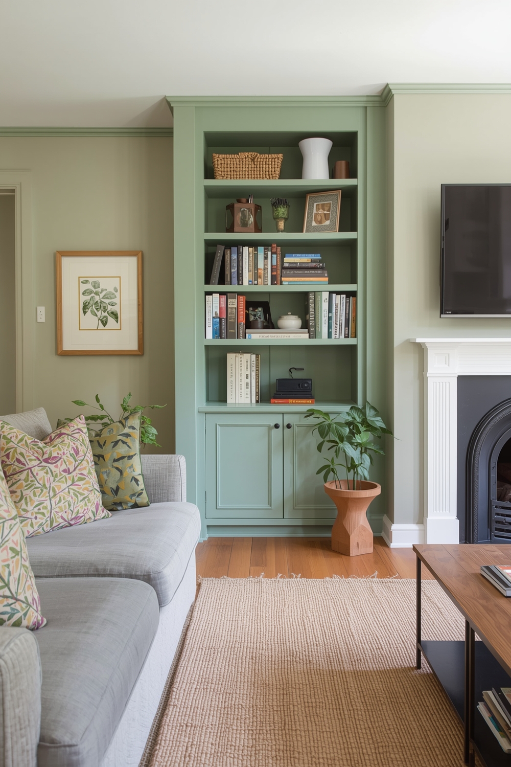Sage Green Living Room Storage Solutions